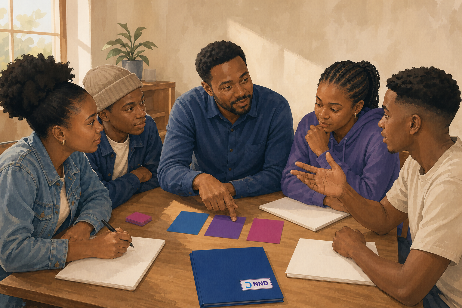Editorial illustration of a mentor and learners planning practical next steps together
