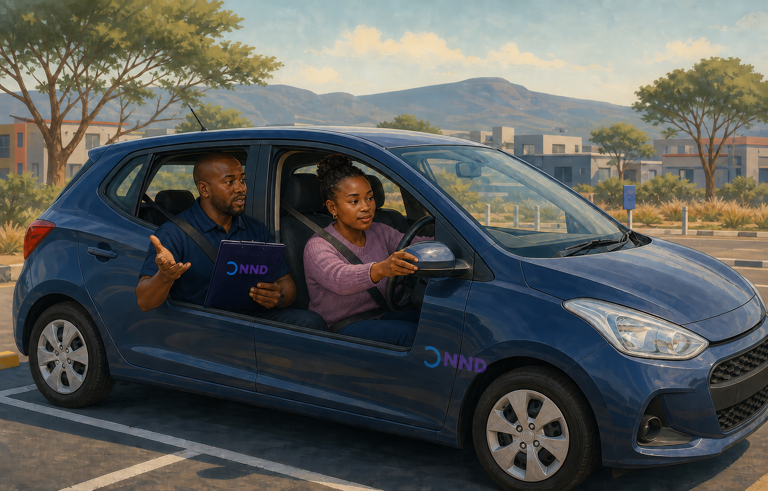 Editorial illustration of a learner receiving calm driving instruction in a stationary car