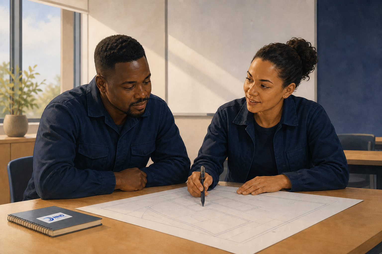 Editorial illustration of an instructor guiding a learner through a safety plan